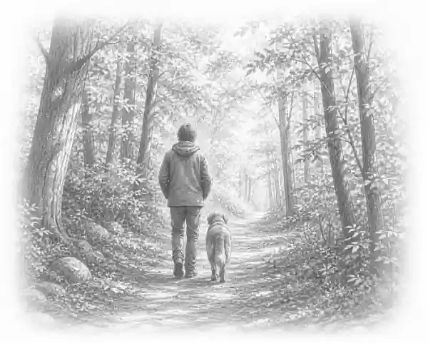 man walking his dog in the woods along a path