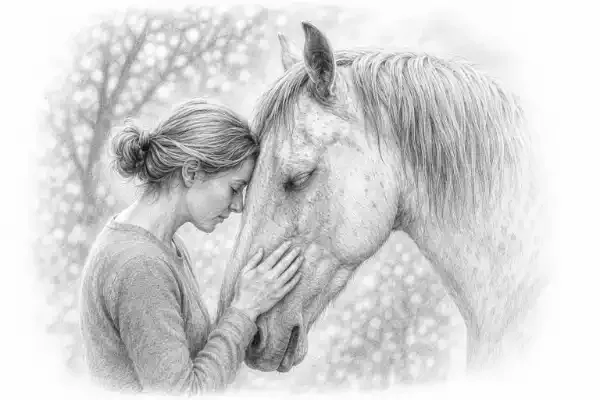 a women stroking a horses head in a loving way