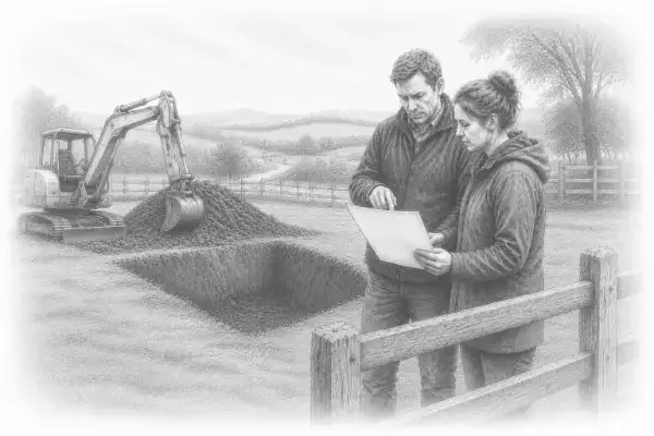 two people standing next to a hole thats been dug out with a digger machine