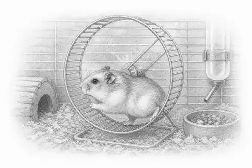 A cute hamster running on his wheel in a cage