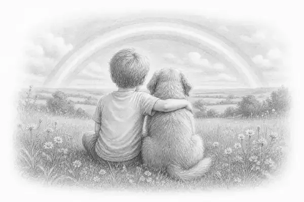 a child sitting with their pet dog under a rainbow