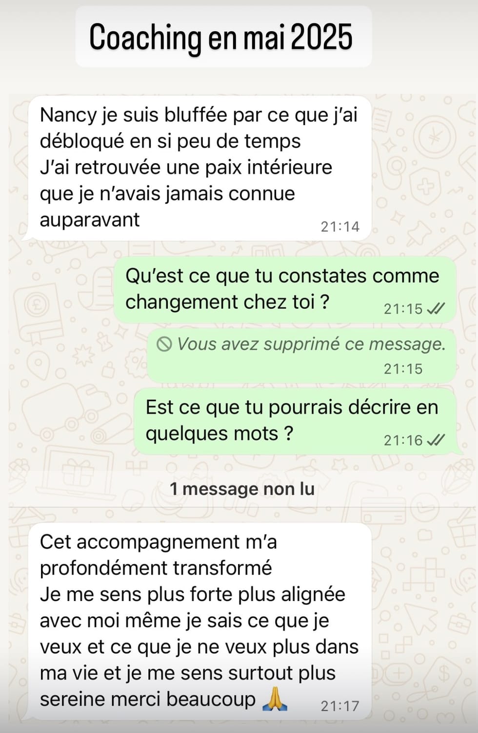 Témoignage d'une cliente de Nancy, reçu par message