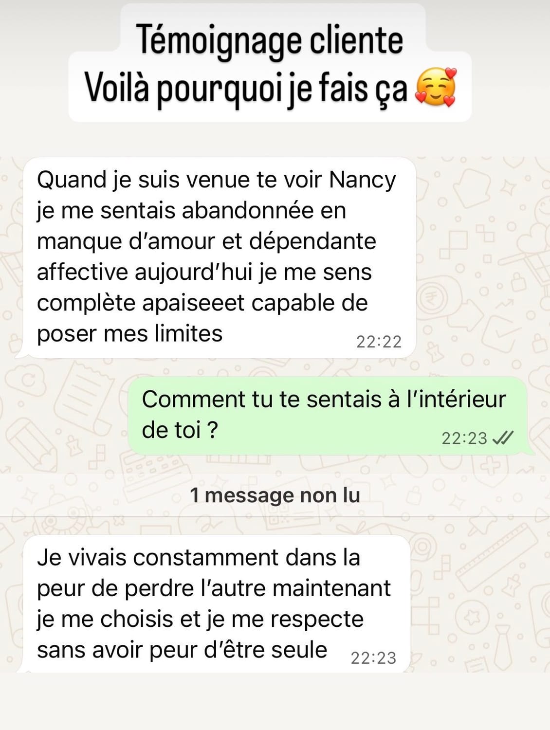 Témoignage d'une cliente de Nancy, reçu par message