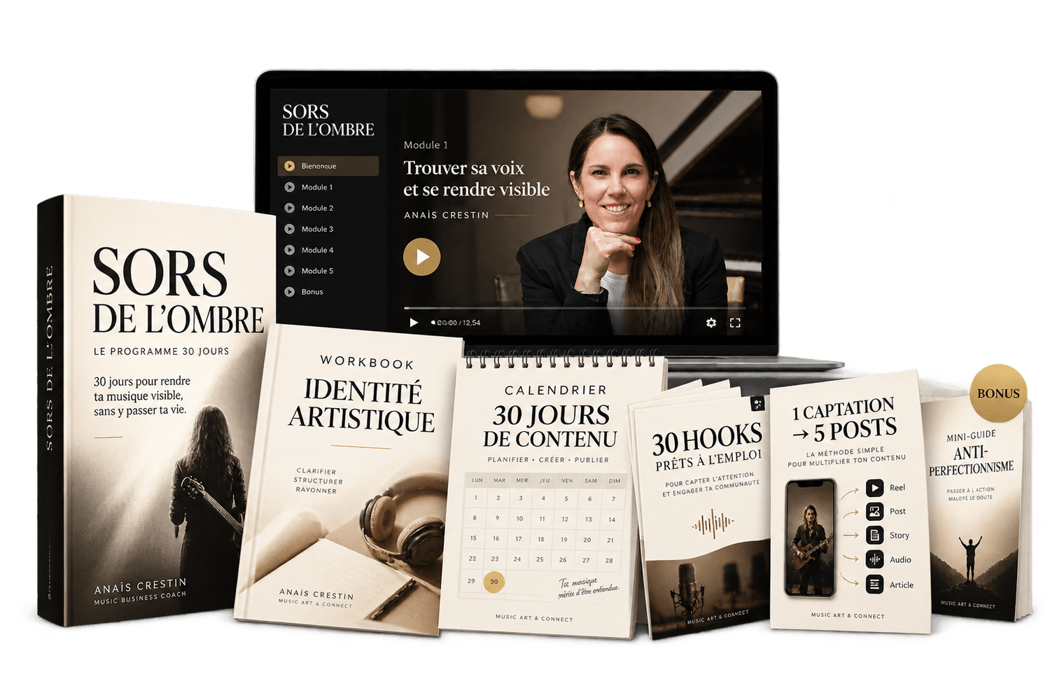 Le programme Sors de l'ombre : mini-formation vidéo, workbook Identité artistique, calendrier 30 jours de contenu, 30 hooks, méthode 1 captation → 5 posts et mini-guide anti-perfectionnisme