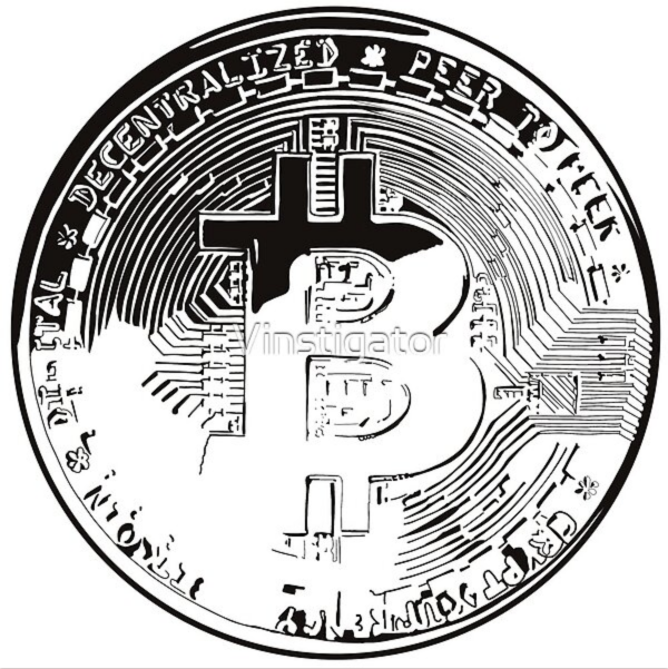 digitally hand drawn Bitcoin coin in black and white