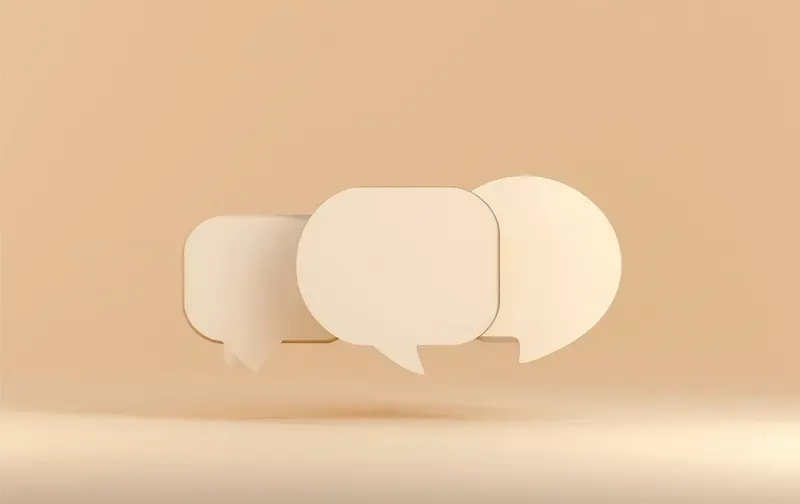 minimal 3D illustration of three connected speech bubbles on a soft neutral background, calm warm lighting, no text, no people
