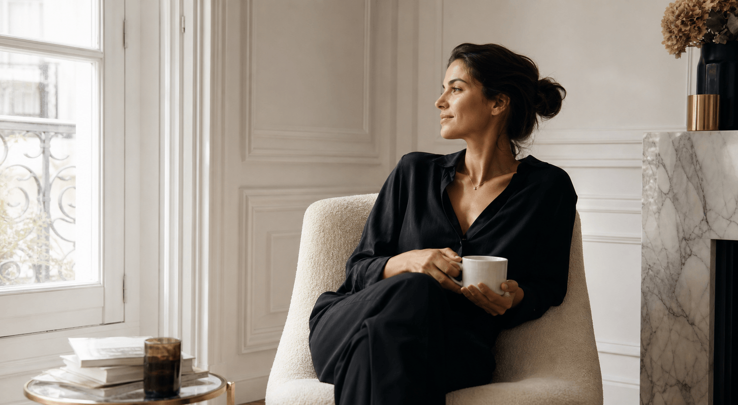 Femme calme et élégante, seule dans une ambiance douce et lumineuse