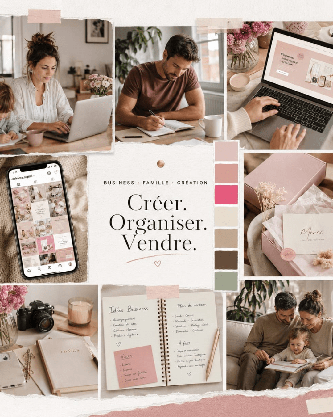 Collage de visuels Clairâme Digital pour clarifier, organiser et développer une activité