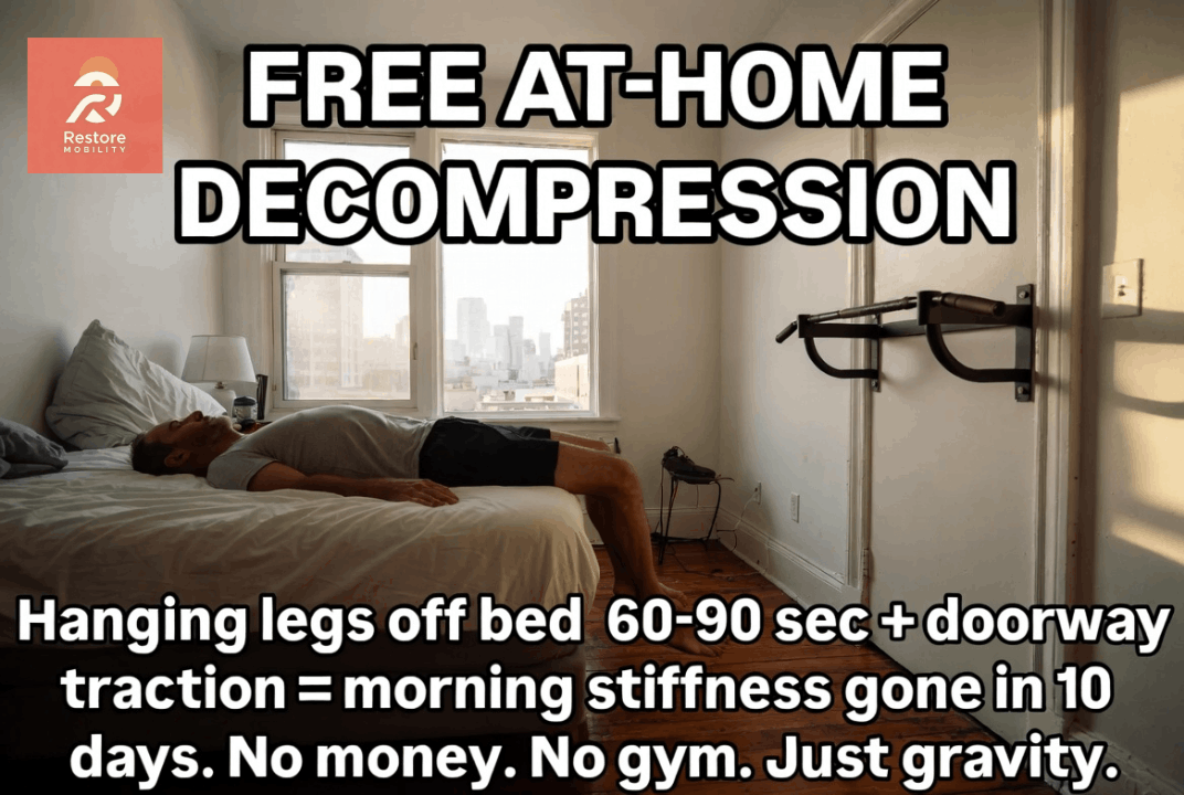 Man practicing spine decompression at home using simple gravity traction and bodyweight mechanical unloading methods to relieve severe lower back strain and pressure.