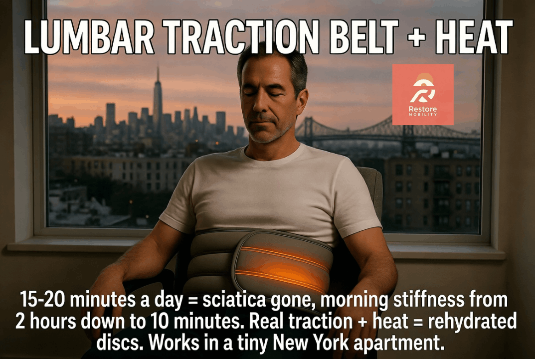 Man using the best brace for sciatica nerve pain and piriformis syndrome relief at home to treat crushed lower back discs with active inflation and heating technology.