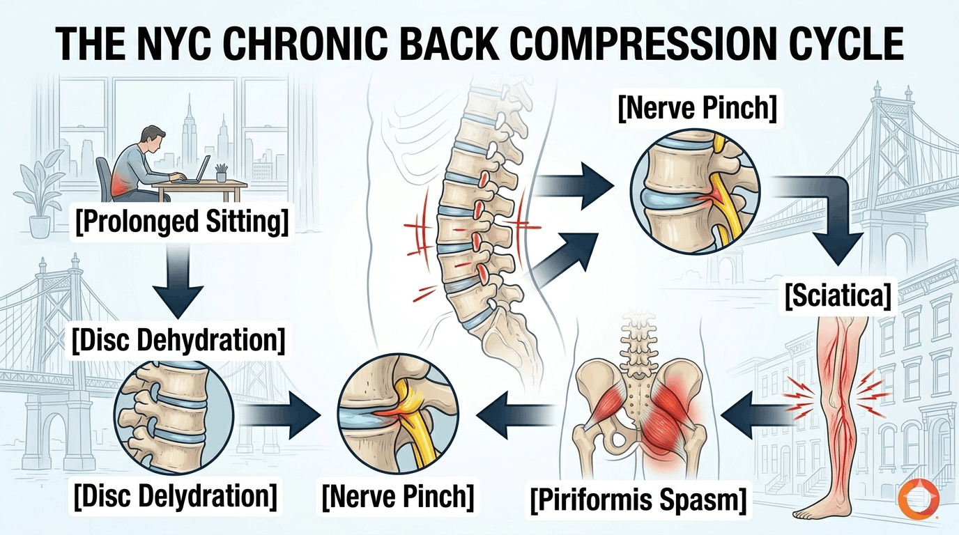 Diagram explaining the chronic back compression cycle caused by prolonged sitting, showing disc dehydration, sciatic nerve pinch, sciatica leg pain, and piriformis syndrome lock-up in an urban environment.