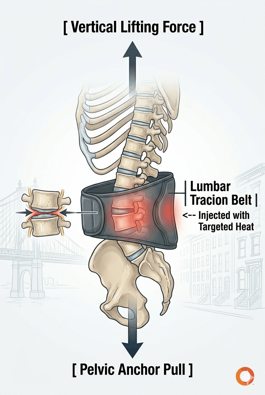 Biomechanical illustration of a lumbar traction belt showing vertical lifting force and pelvic anchor pull with targeted heat for effective lumbar decompression at home.
