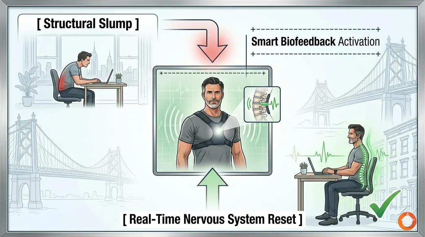Infographic diagram explaining the transition from a structural slump posture (slouching) at a desk to a real-time nervous system reset using a smart biofeedback posture corrector device. Restore Mobility recovery tech illustration.