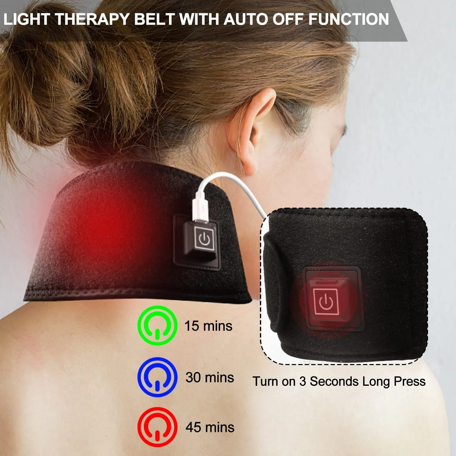 Restore Mobility Posture Corrector device displaying a neck strap equipped with red light therapy and a 650nm laser panel for upper back pain relief and cellular muscle recovery.