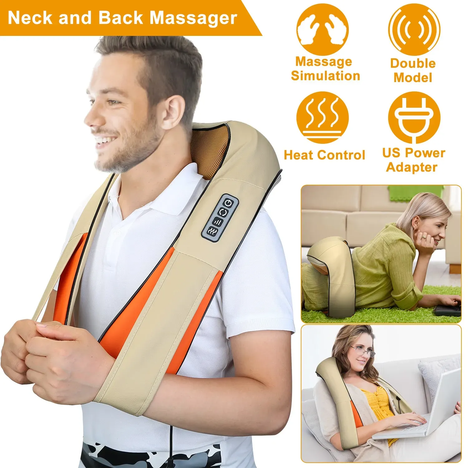 Compact and wearable white U-shaped wireless Neck massager utilizing electrical pulse technology and gentle heat for computer neck pain relief at a desk.