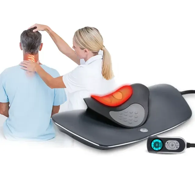 Blue velvet 3-layer Inflatable Neck Traction collar with a manual inflation bulb pump for cervical spine decompression and neck pain relief.