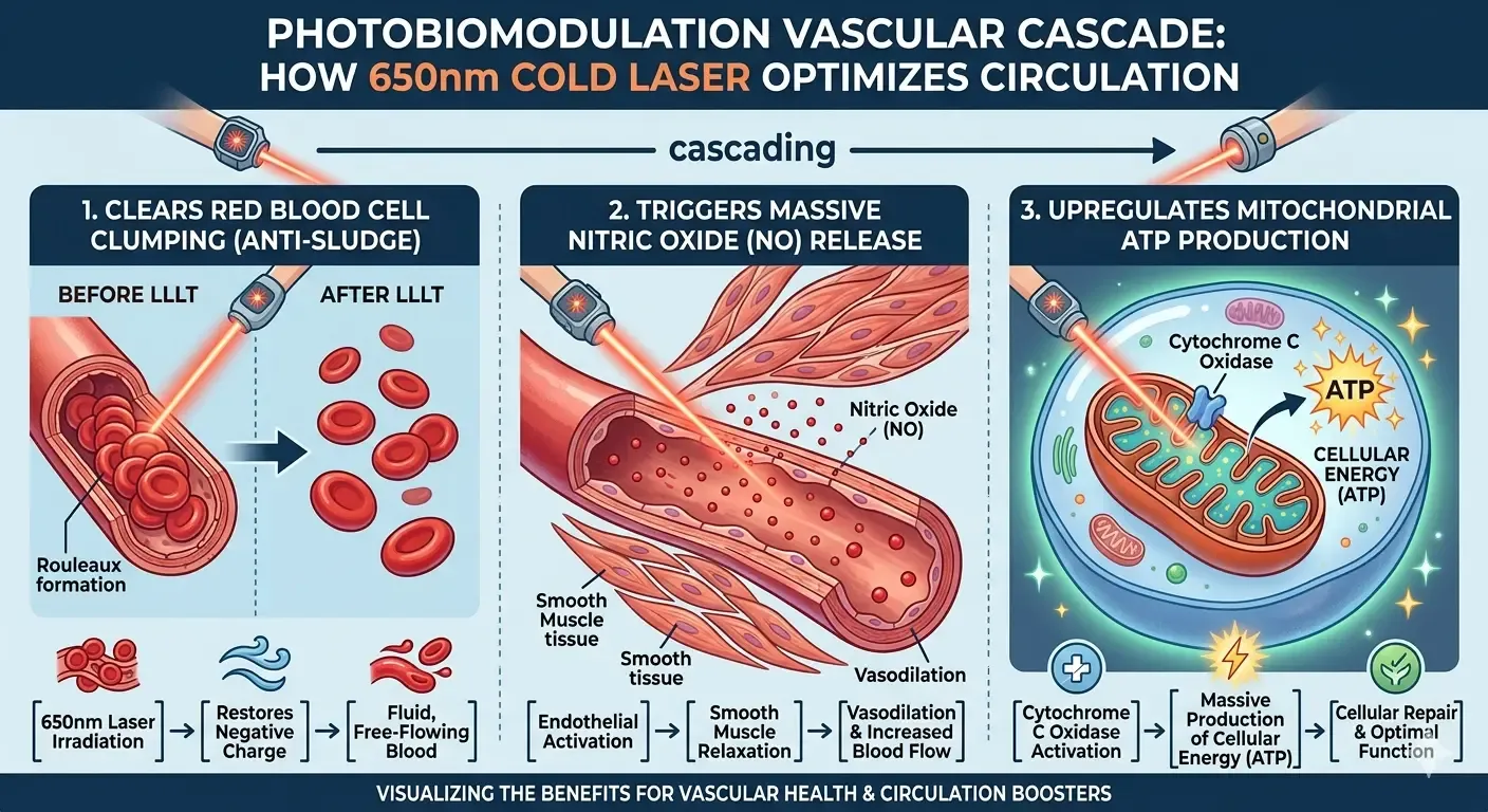 Infographic explaining how 650nm cold laser therapy optimizes blood circulation and vascular health.