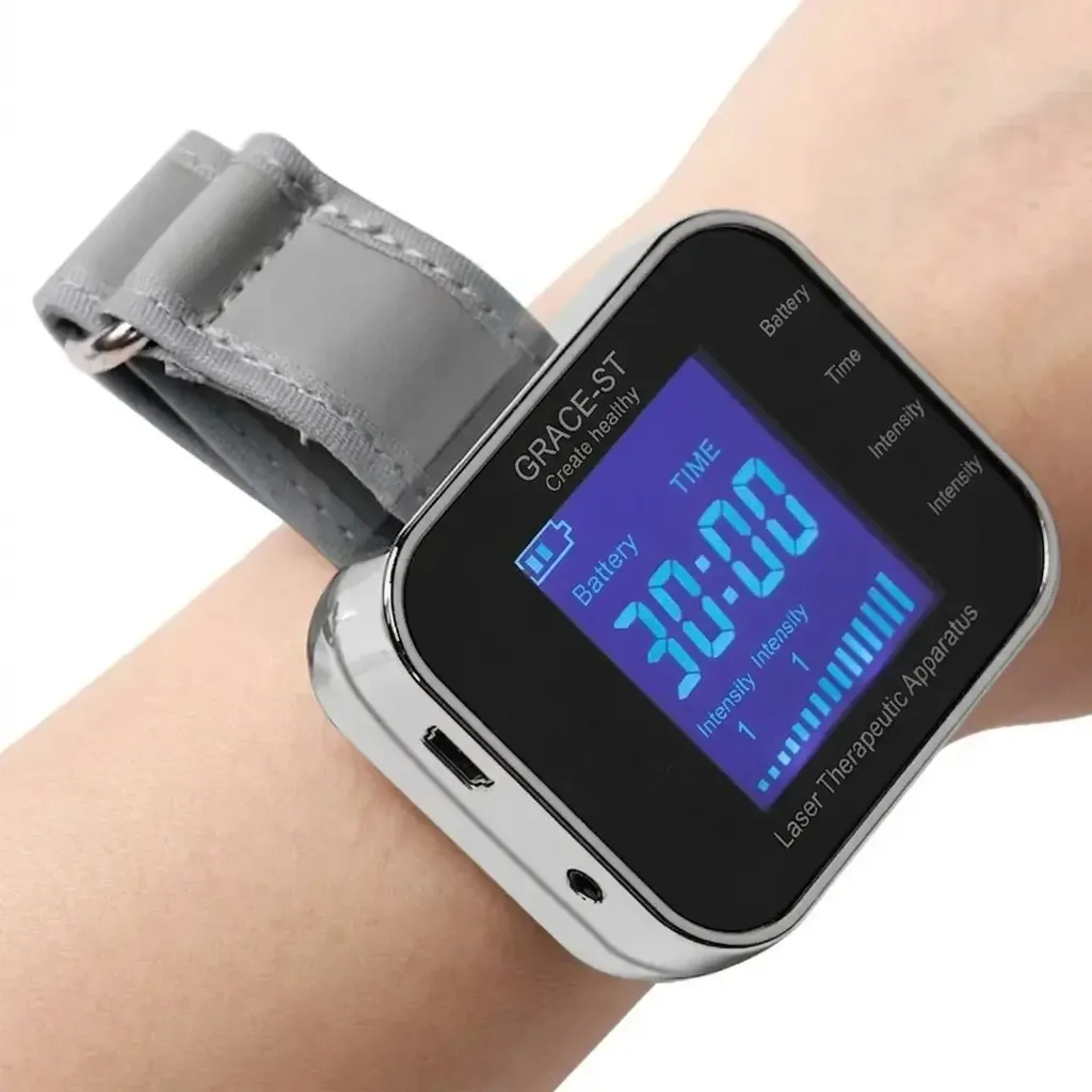Wearable wrist laser circulation booster device applied on the radial artery to improve blood flow.