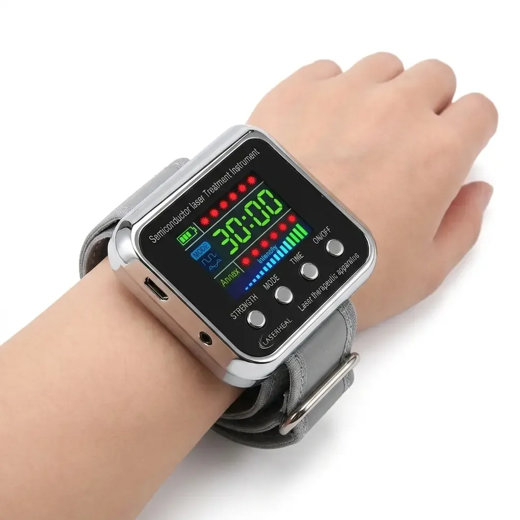 Semiconductor wrist laser therapeutic apparatus used to lower blood pressure and enhance microcirculation.