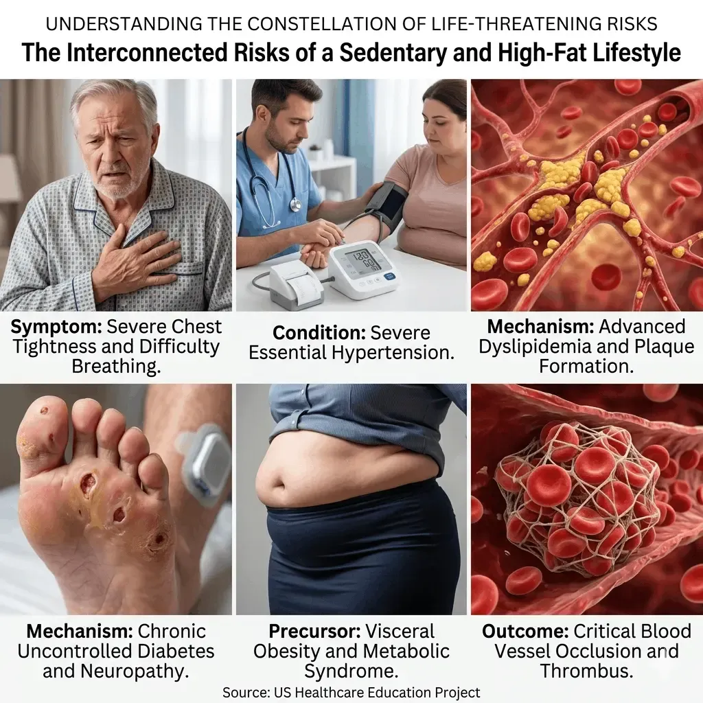 Medical infographic showing interconnected risks of sedentary lifestyle and poor blood circulation.