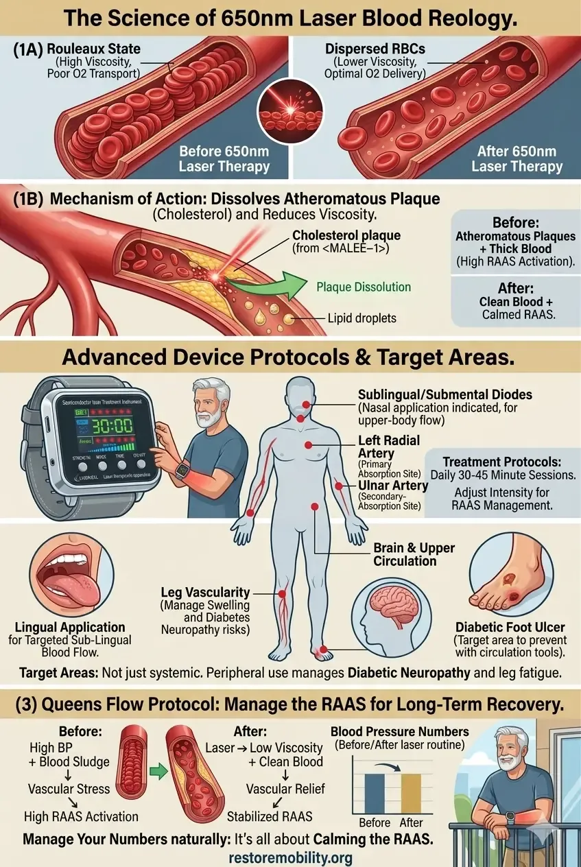 Infographic showing 650nm laser therapy effects on blood viscosity and atheromatous plaque reduction.