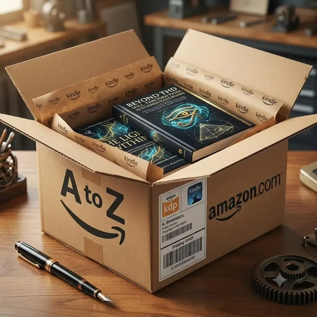 An open Amazon KDP box containing mind body wellness books by author and health and wellness advisor Alexandru Simionescu, next to an engineer gear and fountain pen