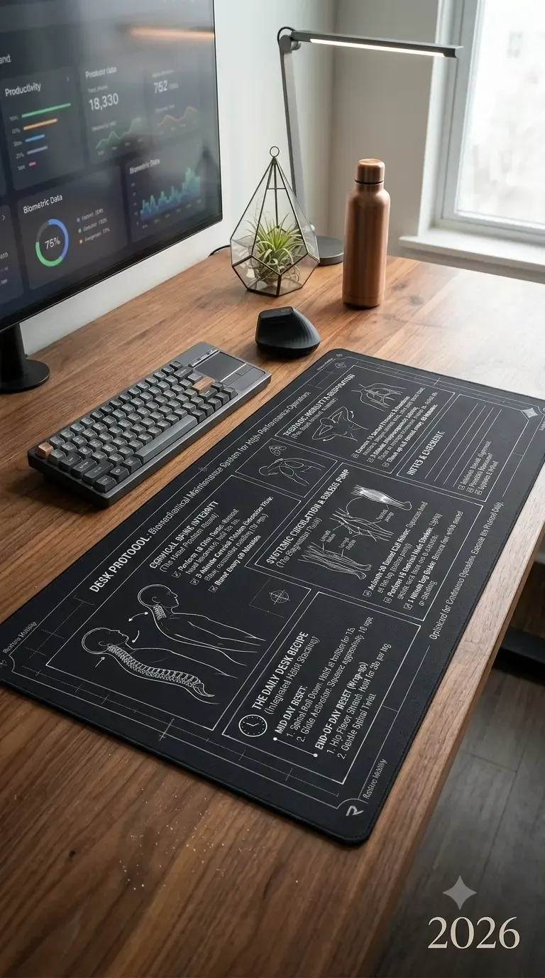 Biomechanical Ergonomic Desk Mat on a wooden workstation featuring printed cervical spine integrity protocols for tech neck relief