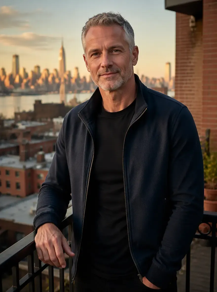 Alex, health and wellness advisor at RestoreMobility, on his Queens apartment balcony overlooking the Manhattan skyline at sunset