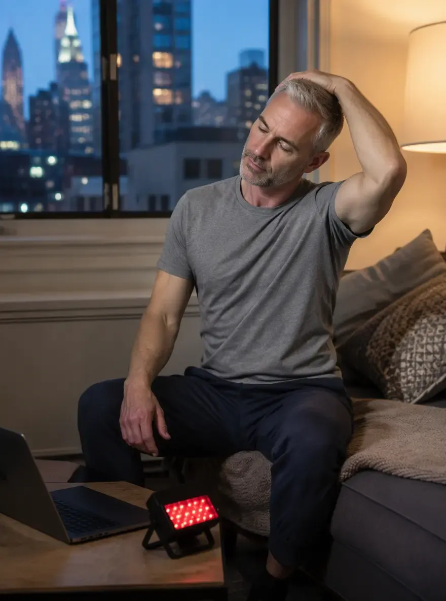 Alex doing an evening neck stretch with a red light recovery device on the table, New York apartment at dusk