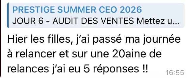 Capture d'écran du témoignage d'une participante du challenge Prestige Winter CEO