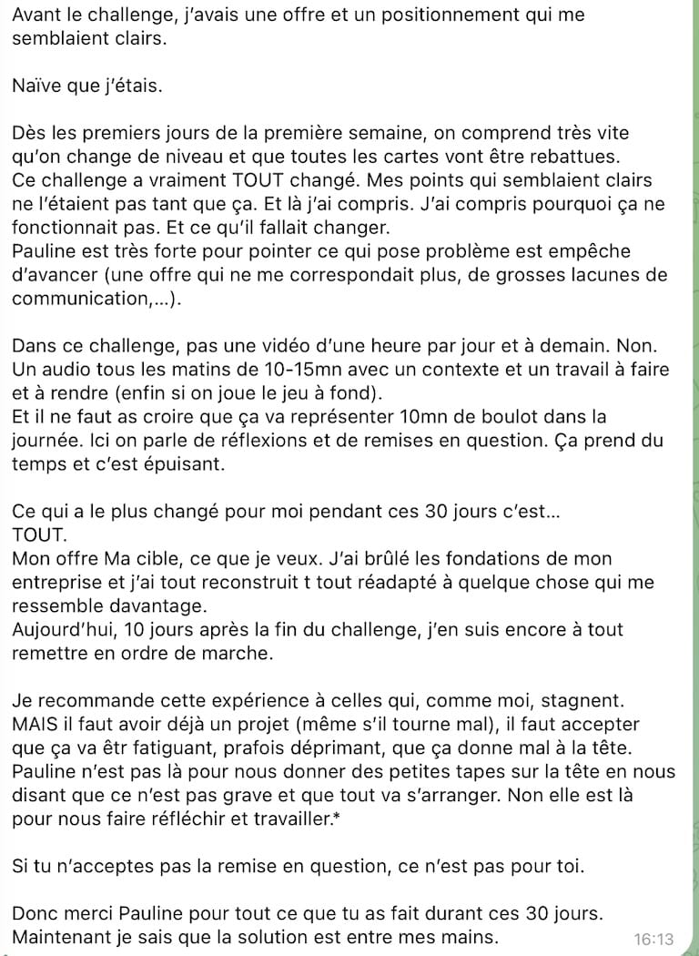 Capture d'écran du témoignage d'une participante du challenge Prestige Winter CEO