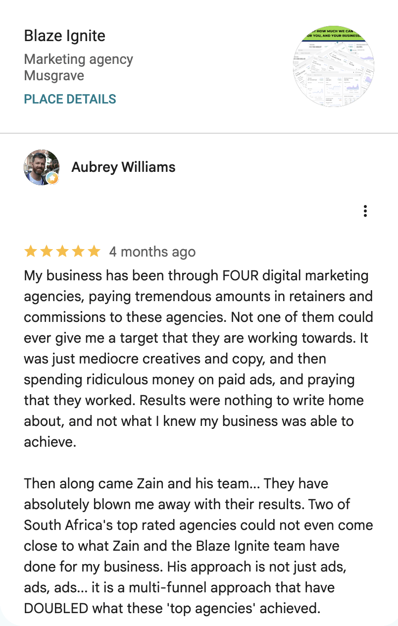 Original Google review screenshot from Aubrey Williams. Highlighted phrase: a multi-funnel approach.