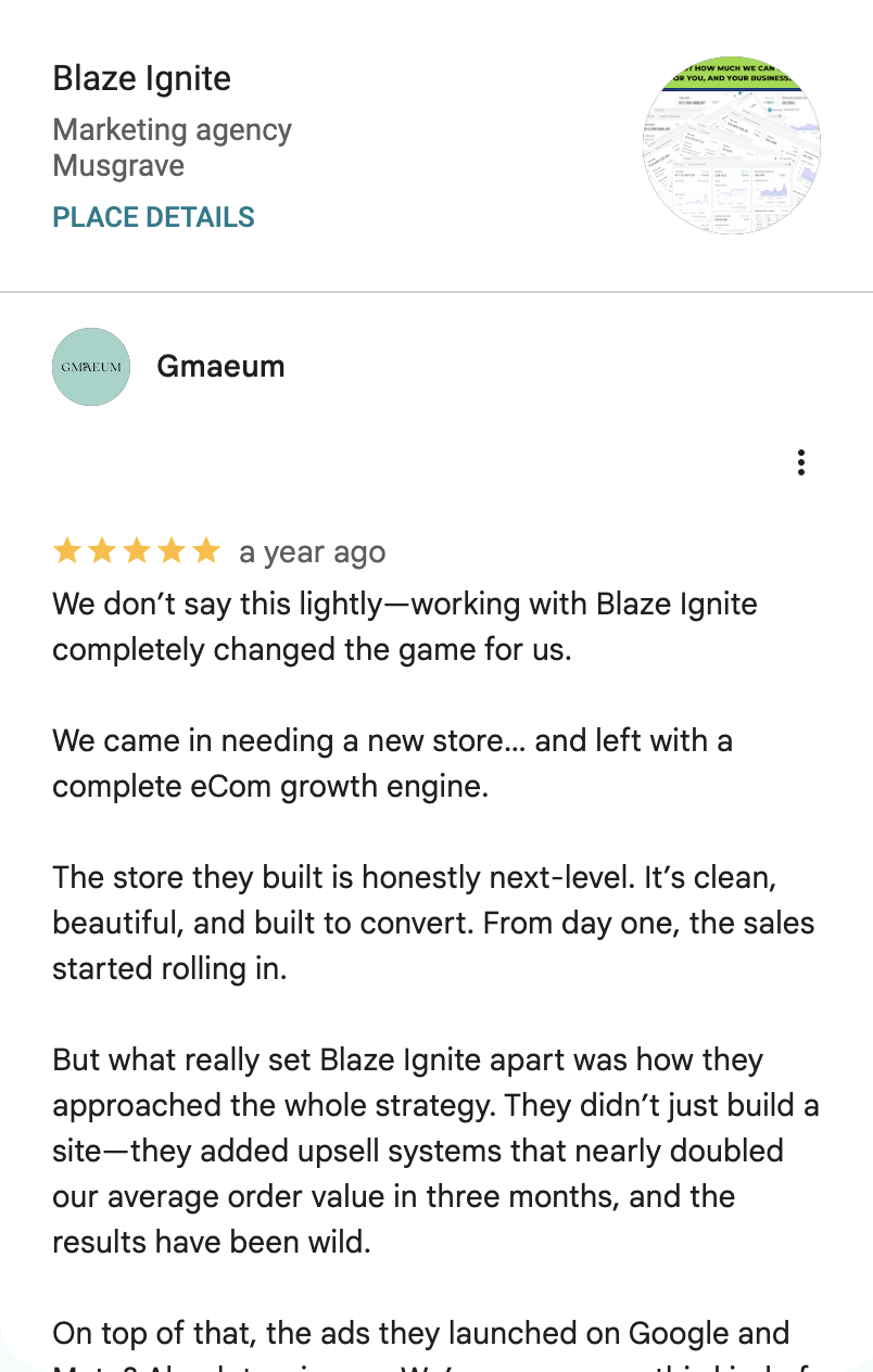 Original Google review screenshot from Gmaeum. Highlighted phrase: nearly doubled our average order value.