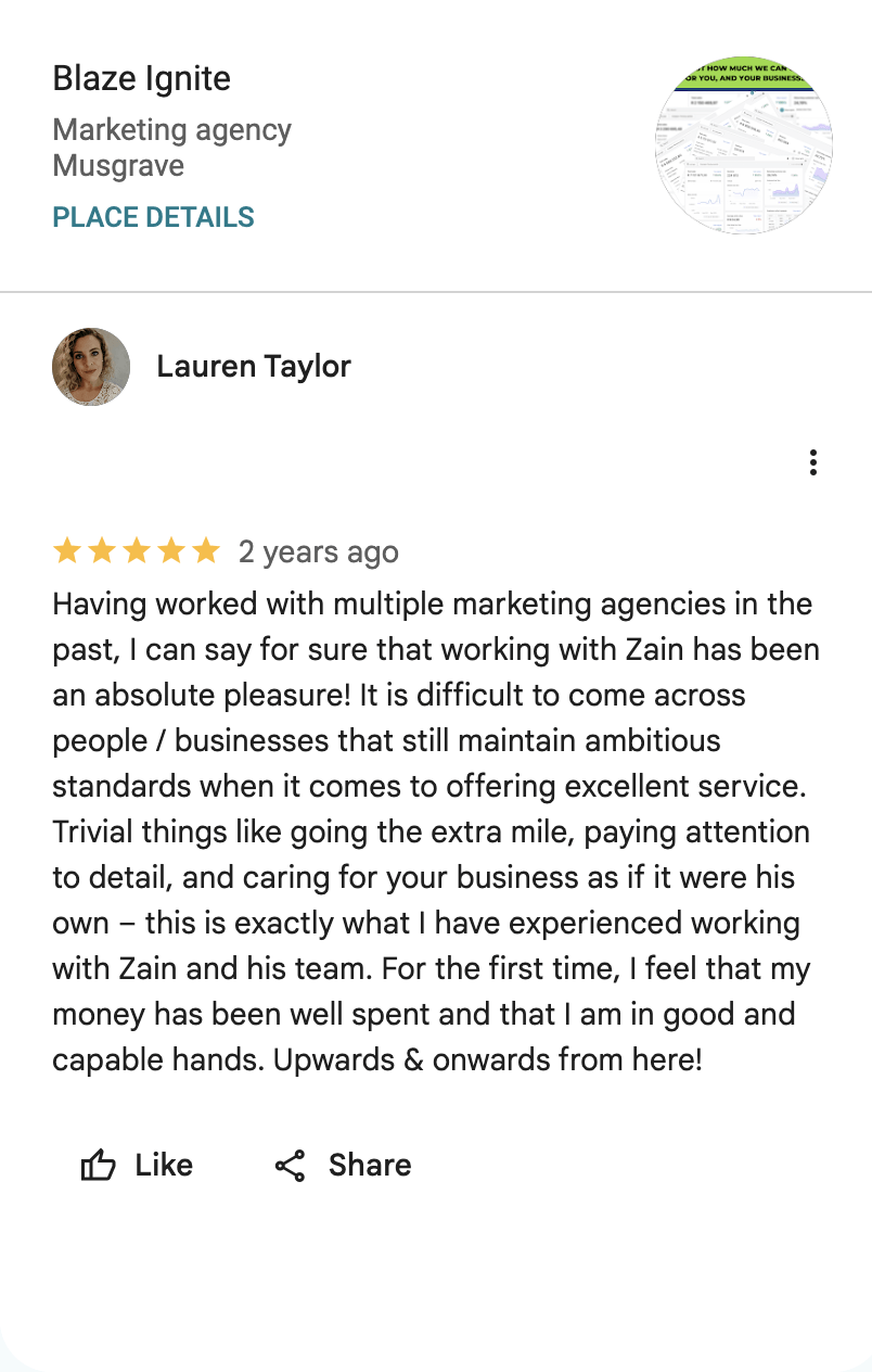 Original Google review screenshot from Lauren Taylor. Highlighted phrase: my money has been well spent.