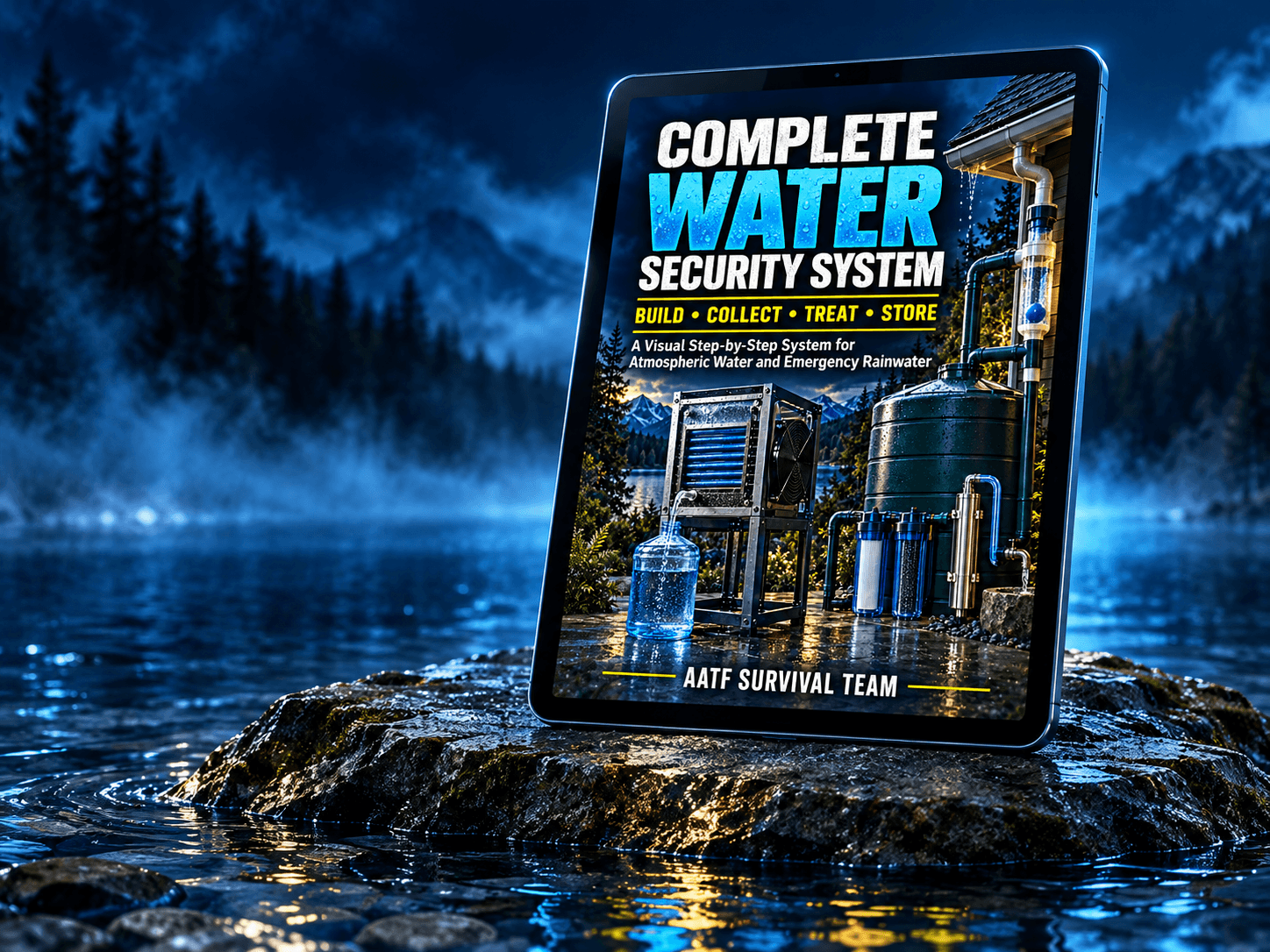 Complete Water Security System digital manual displayed on a tablet resting on a flat rock above water
