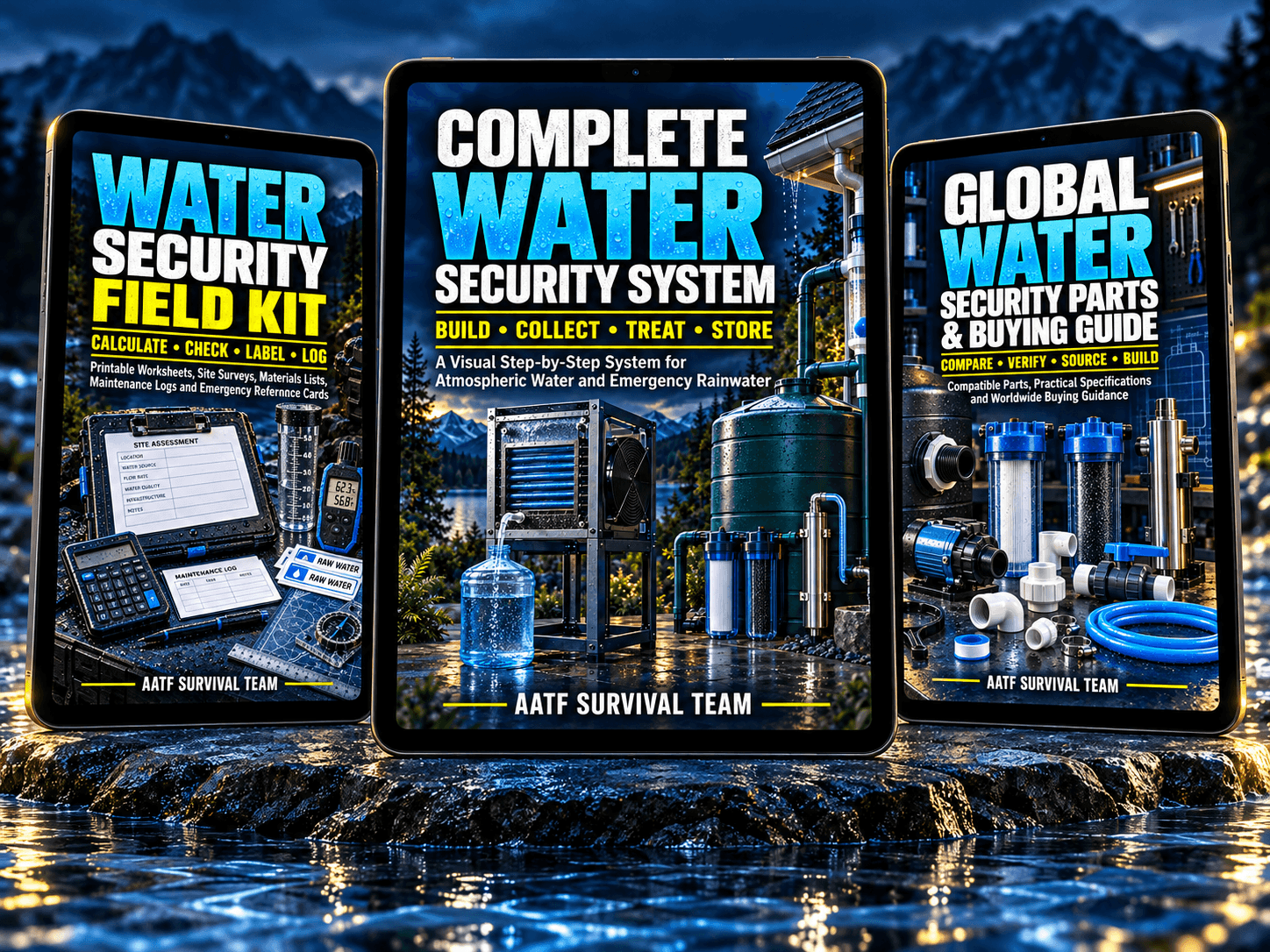 The three Complete Water Security System digital resources displayed on tablets