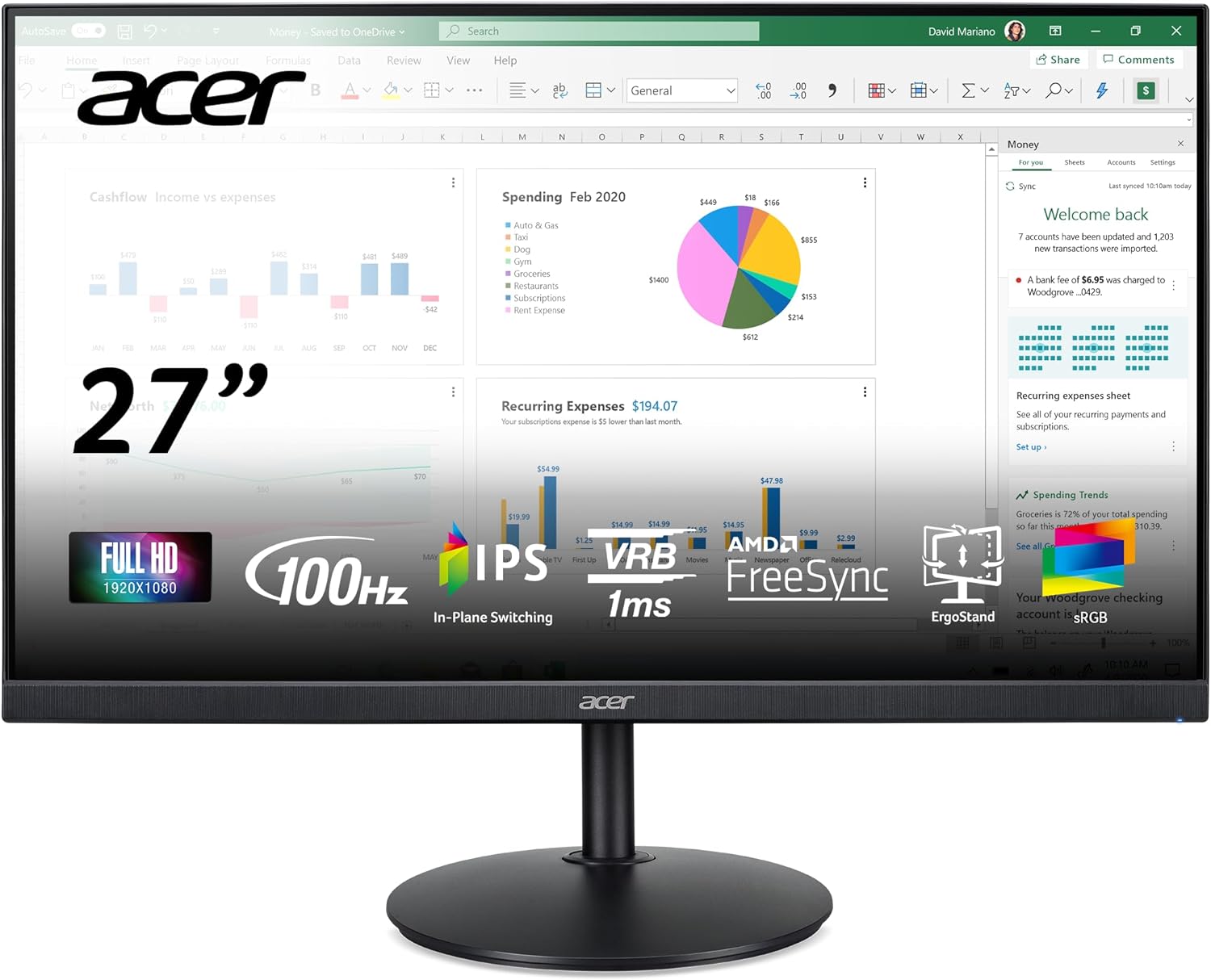 Acer CB272 Ebmiprx 27" FHD 1920 x 1080 Zero Frame Home Office Monitor | AMD FreeSync | 1ms VRB | 100Hz | 99% sRGB | Height Adjustable Stand with Swivel, Tilt & Pivot (Display Port, HDMI & VGA Ports)