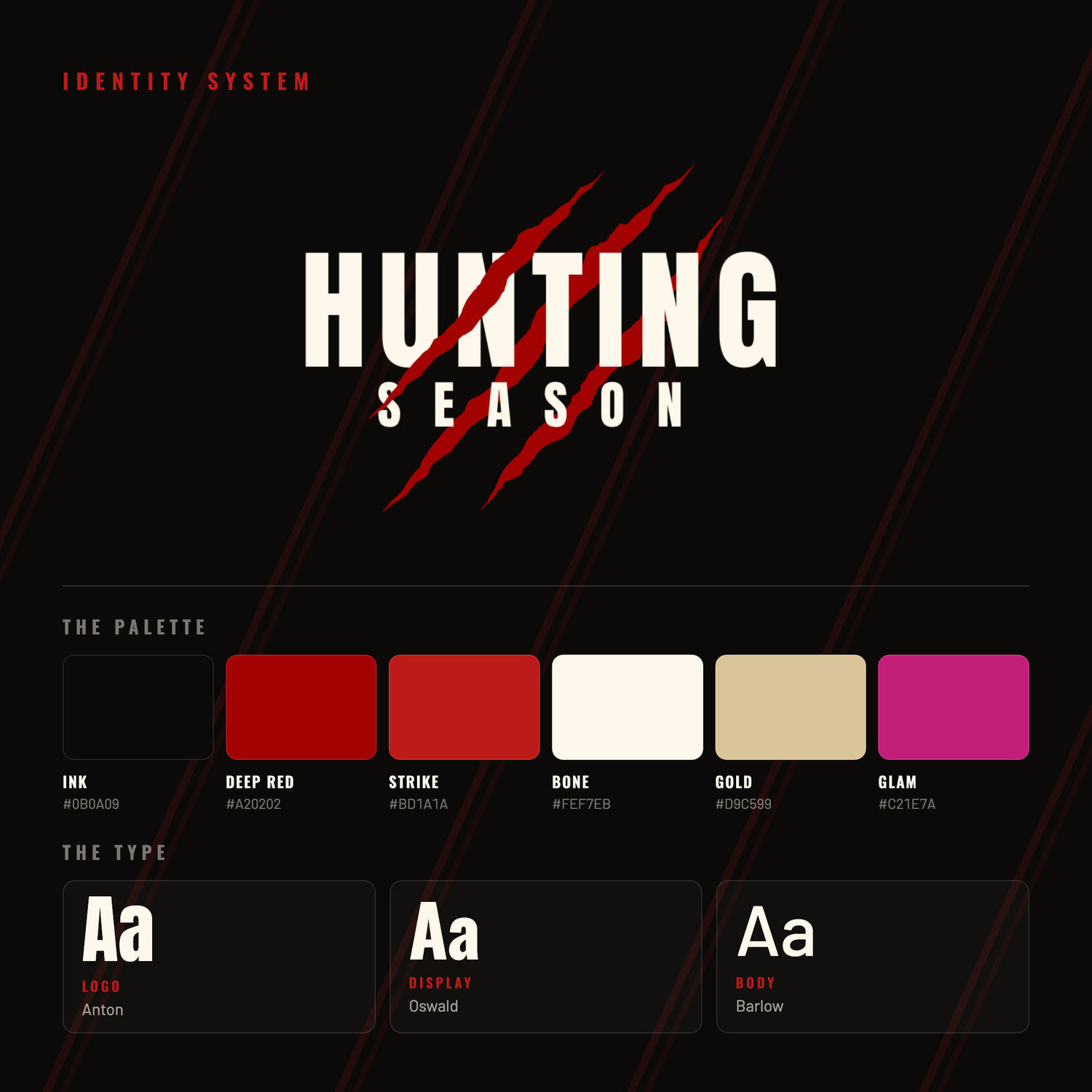 Hunting Season brand board — logo, claw mark, palette and type