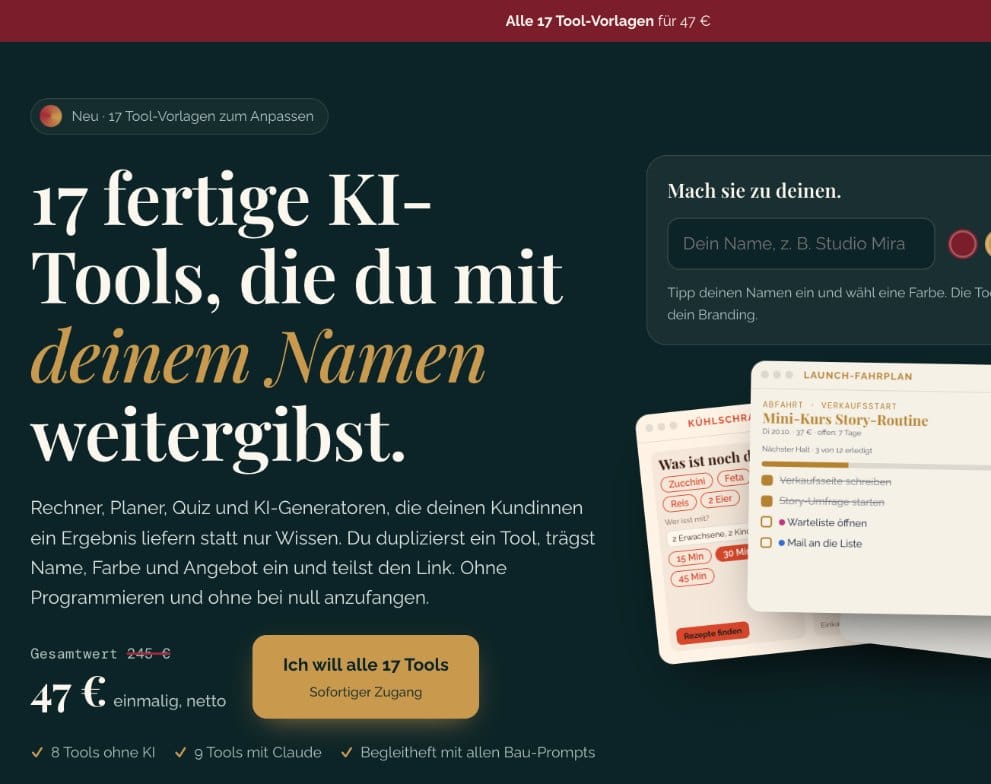 Fertige Verkaufsseite für die 17 Tool-Vorlagen, mit Claude gebaut