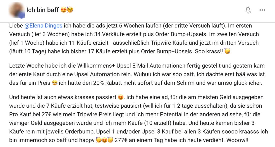 Kundin: 277 Euro an einem Tag, mit Order Bump und Upsells.