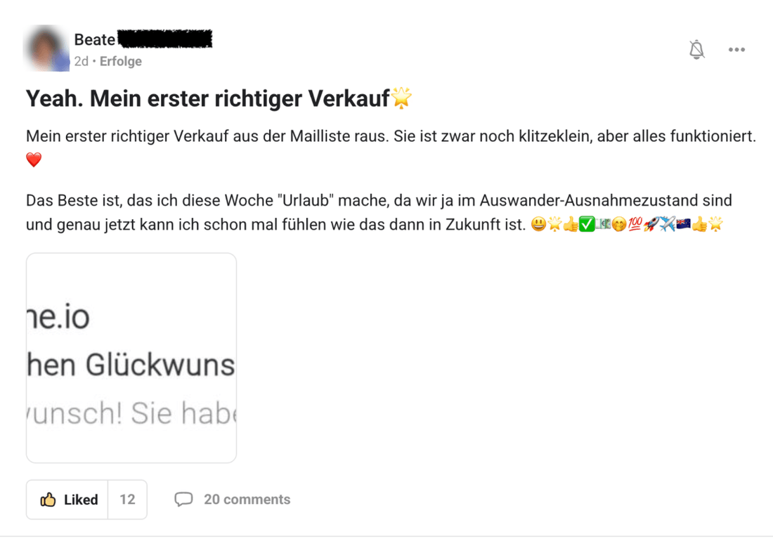 Kundin: Mein erster richtiger Verkauf aus der Mailliste.