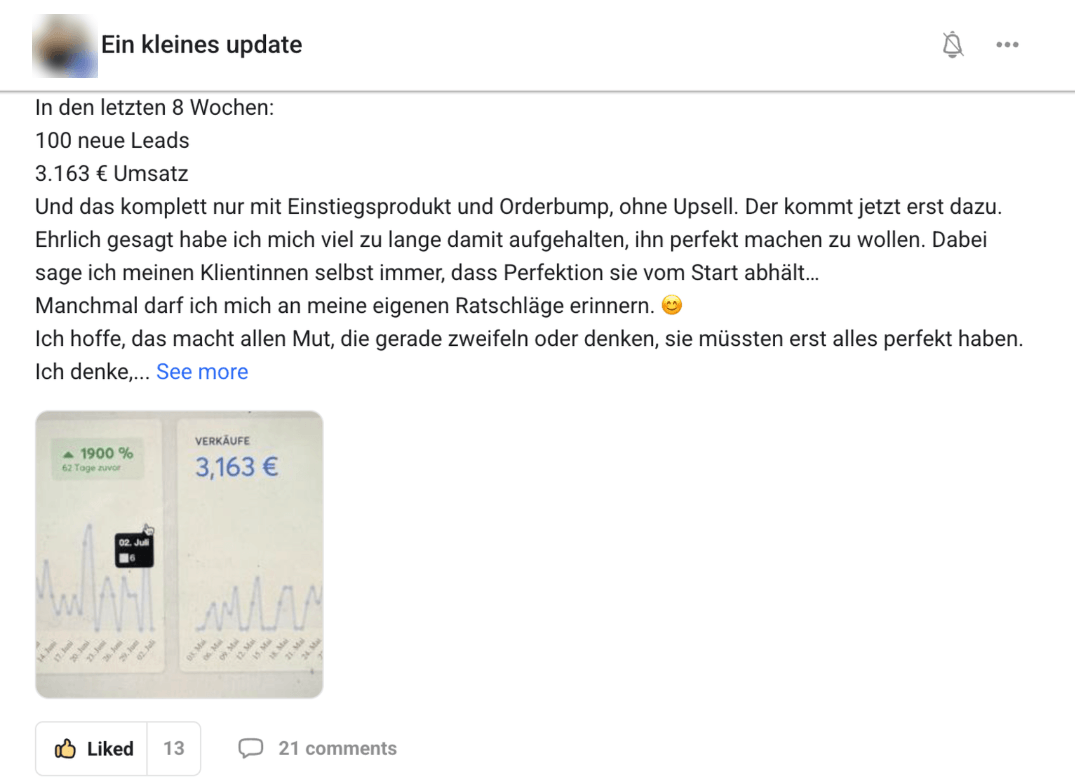 Kundin: In 8 Wochen 100 neue Leads und 3.163 Euro Umsatz.