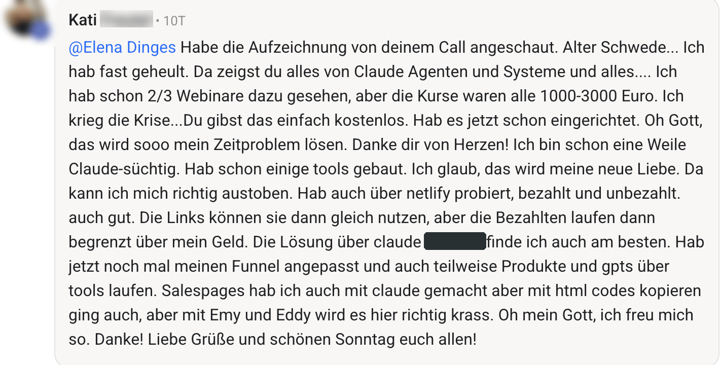 Kundin über die KI-Agenten: Kurse dazu kosteten 1000 bis 3000 Euro, das wird mein Zeitproblem lösen.