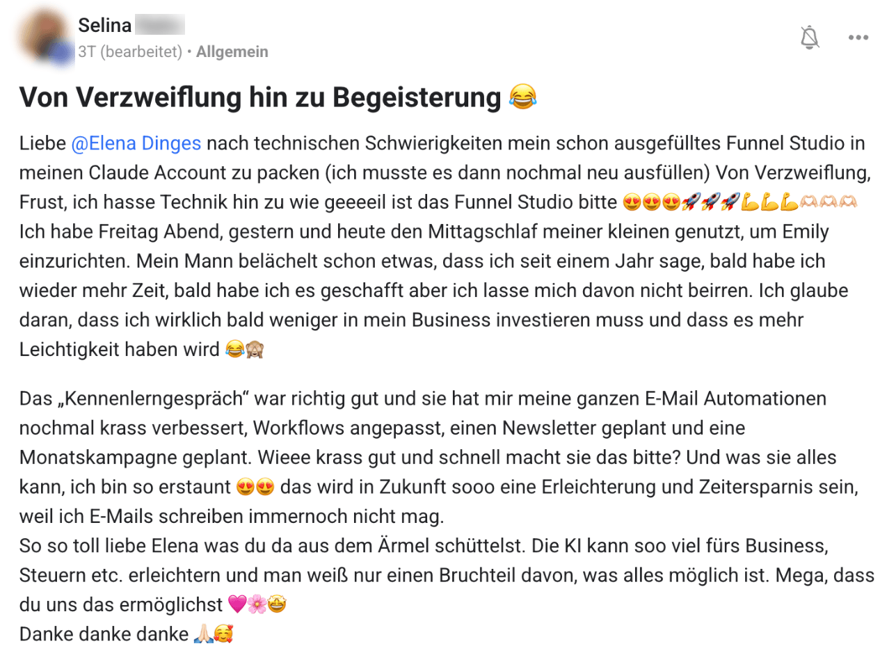 Kundin: Von Verzweiflung zu Begeisterung, Emily hat meine E-Mail-Automationen verbessert.