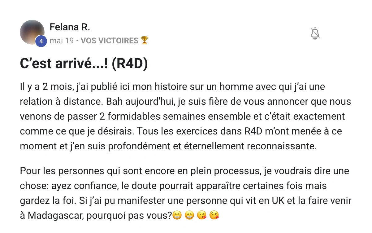 Capture du message de Felana R. dans la communauté