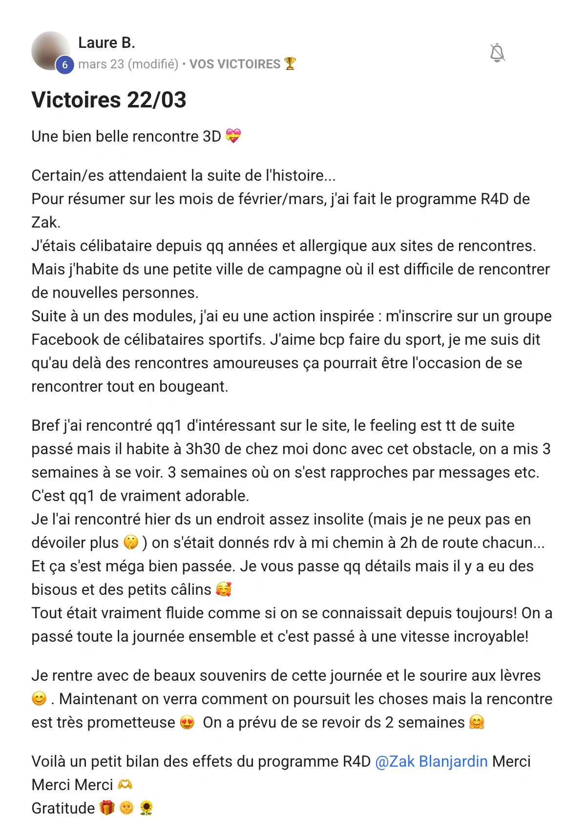 Capture du message de Laure B. dans la communauté