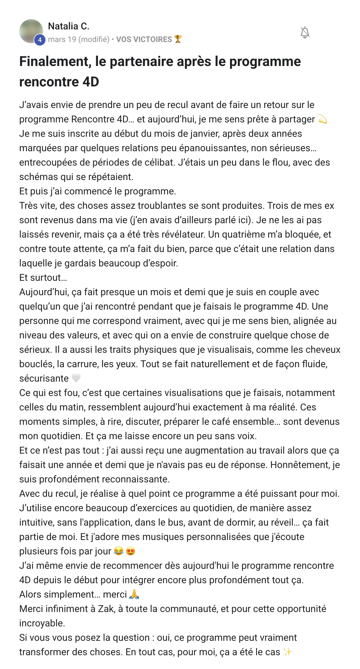 Capture du message de Natalia C. dans la communauté