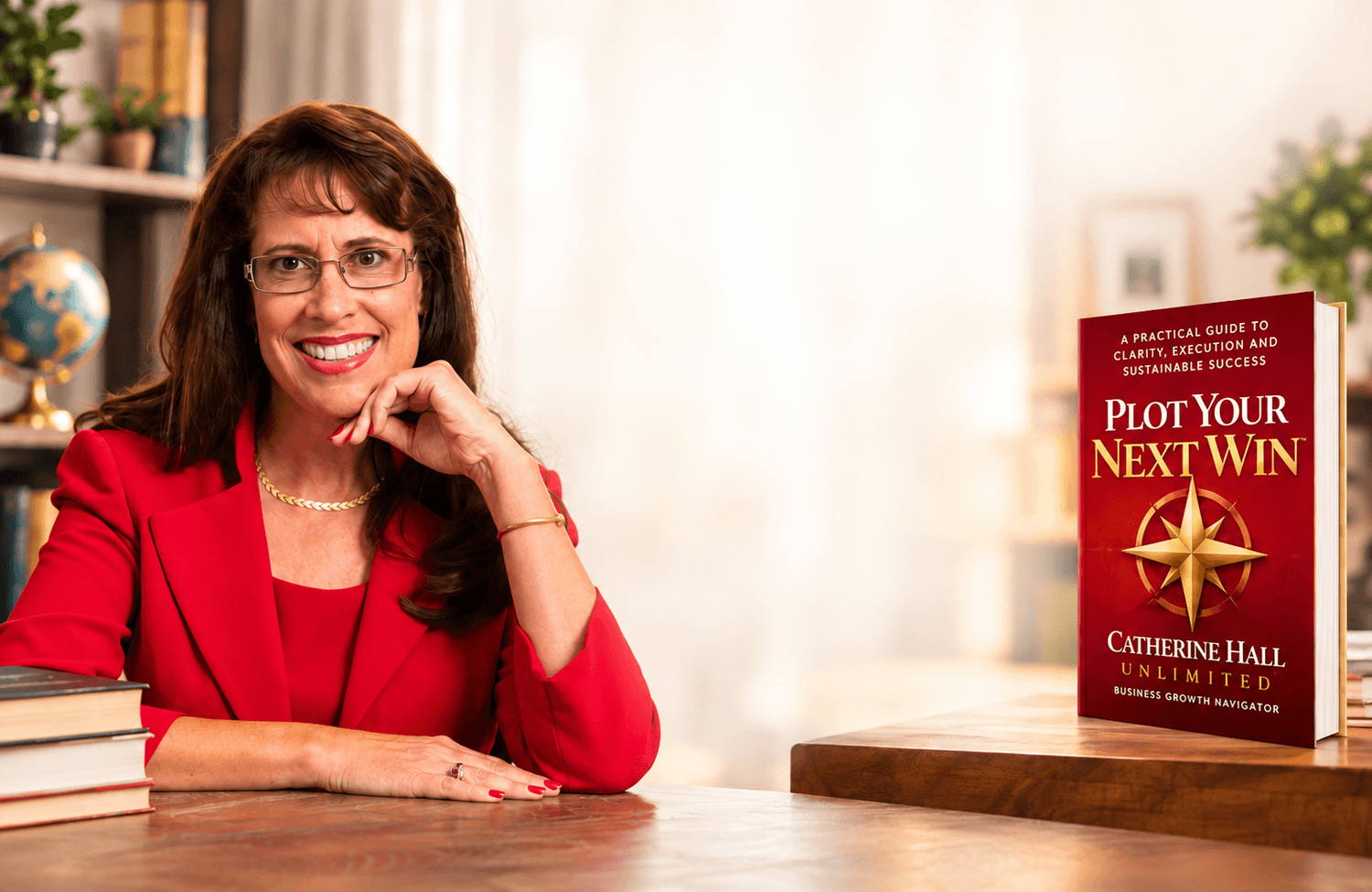 Catherine Hall in a red blazer beside her book, Plot Your Next Win, in a warm office setting.