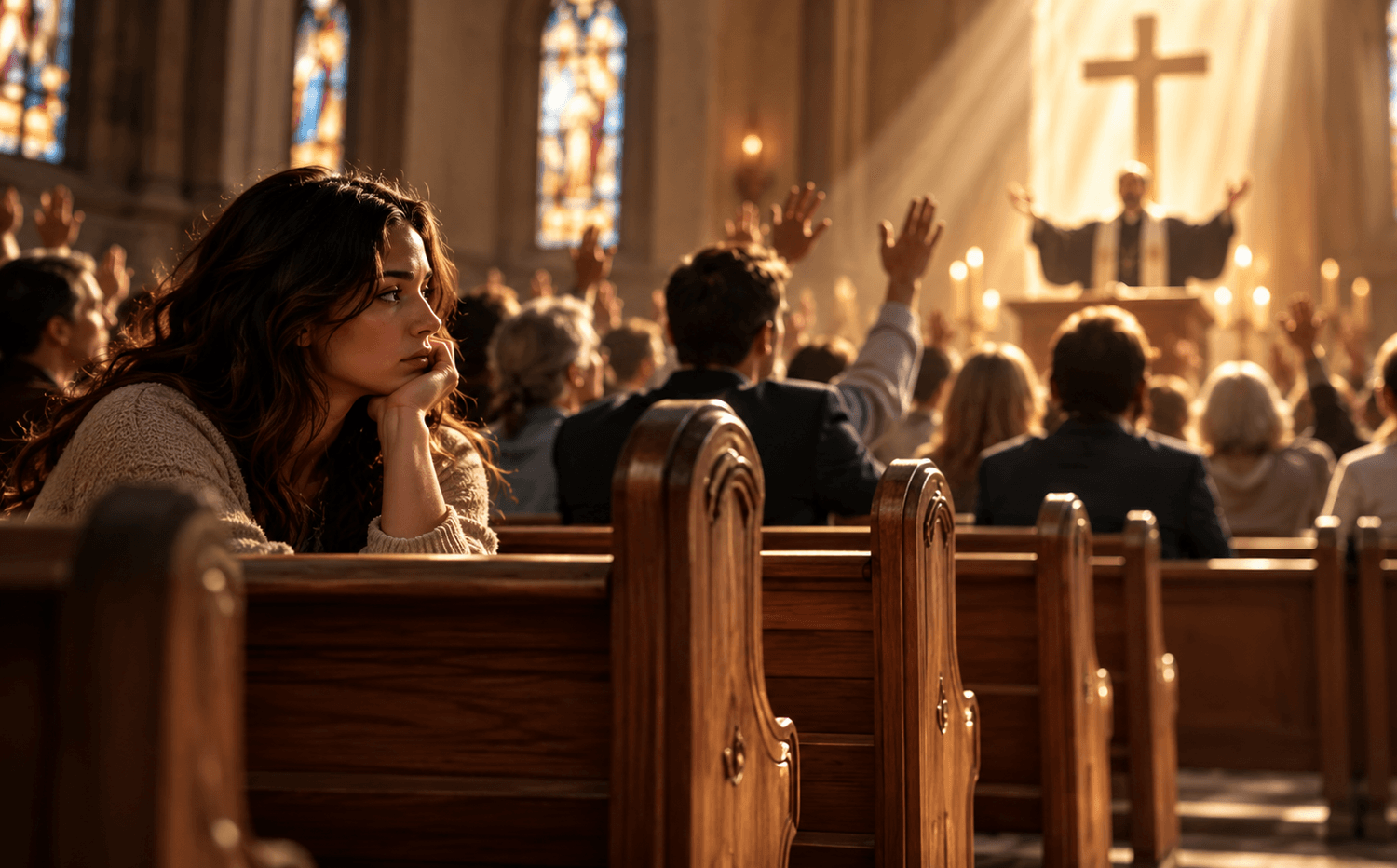empty church pews soft light