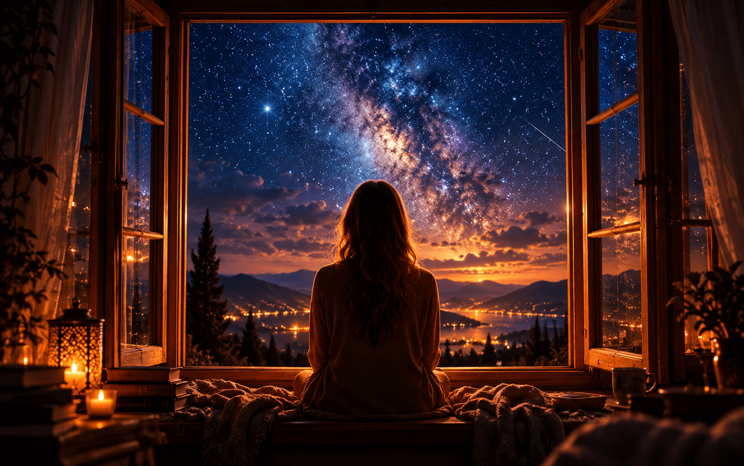 woman window night stars alone